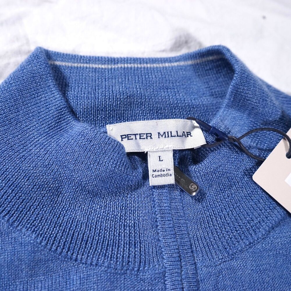Peter Millar Crown Merino Wool Quarter Zip Sweater Blue Mens Large NWT Was $230 - Picture 10 of 12